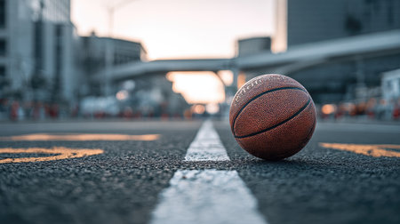 A basketball rests in the center of an empty urban street at dusk, highlighting the fusion of sport and city life, capturing the essence of youth culture and passion.の素材