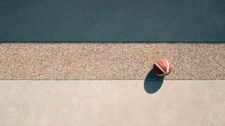 This image features an aerial view of a basketball sitting on varied ground surfaces, showcasing unique textures and patterns under bright daylight, highlighting outdoor sports.の素材