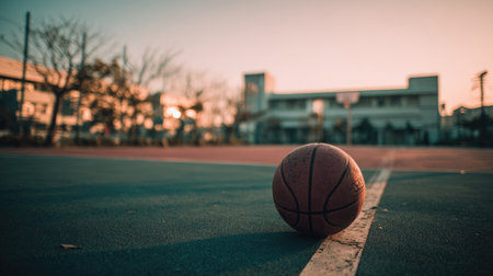 A tranquil moment captured on an outdoor basketball court during sunset. A basketball rests on the court line, surrounded by trees and a vibrant sky, reflecting on leisure and sport.の素材