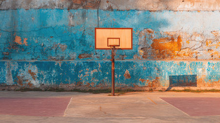 A serene view of an outdoor basketball court featuring a weathered hoop set against a vibrant and textured wall, perfect for themes of leisure, sport, and urban decay.の素材