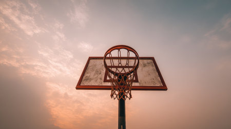 A striking view of a basketball hoop against a vibrant sky filled with color, evoking feelings of sportsmanship, adventure, and outdoor fun in an urban landscape.の素材