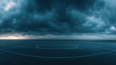 A captivating view of an empty basketball court facing the ocean under a dramatic, overcast sky at dusk, evoking a sense of solitude and reflection.の素材