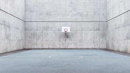 A minimalist view of a basketball court featuring smooth concrete walls and a single hoop. Ideal for showcasing urban sports environments and athletic activities.の素材