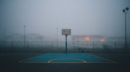 A basketball court shrouded in fog creates a haunting and serene scene at dusk. Dim lights illuminate the empty surroundings, evoking solitude and contemplation.の素材