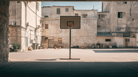 An empty urban basketball court stands within a neglected neighborhood. Sunlight casts shadows on the weathered buildings, highlighting the contrast between sport and decay.の素材