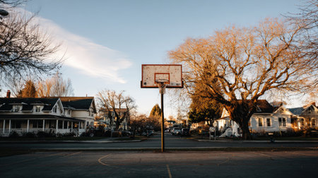 A deserted basketball court stands in a quiet neighborhood, flanked by bare trees and residential houses. The clear blue sky enhances the nostalgic atmosphere, inviting reflections.の素材