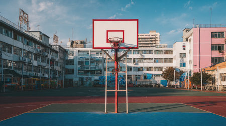 A serene and colorful view of a basketball court in an abandoned schoolyard, showcasing the urban landscape with vibrant buildings and a clear sky above.の素材