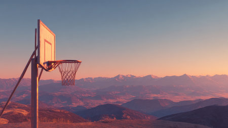 A solitary basketball hoop stands on a mountain peak, offering a stunning view of distant peaks under a sunset, capturing the essence of nature and adventure.の素材