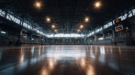 A captivating view of an empty basketball court showcasing its sleek hardwood floor and bright interior lighting, perfect for sports enthusiasts and photographers.の素材