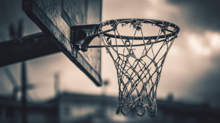 Dramatic close-up of a basketball hoop against a turbulent sky, capturing the essence of outdoor sports. This urban scene evokes feelings of determination and passion.の素材