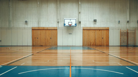 A serene interior shot of a gymnasium showcasing a well-maintained basketball court with a hoop, special lighting, and a warm wooden aesthetic. Perfect for sports and fitness themes.の素材