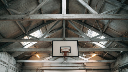 A captivating view of a rustic basketball court showcasing exposed wooden beams and skylights, creating an inviting atmosphere for sports and leisure activities.の素材
