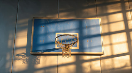 A serene basketball hoop contrasts beautifully against a bright wall, illuminated by warm sunset light, casting intricate shadows in an indoor sports venue.の素材