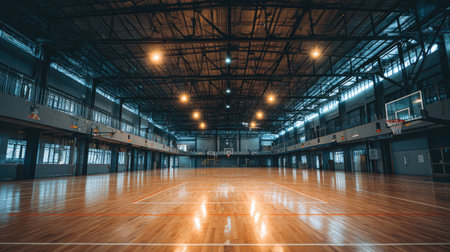Explore the charm of a well-lit indoor basketball arena featuring a polished wooden floor, ideal for various sports activities and community events.の素材
