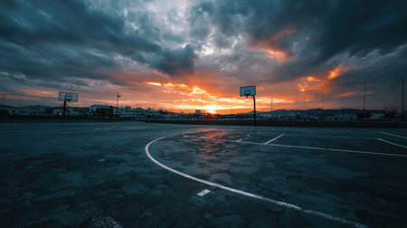 A captivating sunset scene over an empty basketball court, featuring vibrant orange and blue hues, dramatic clouds, and a reflective wet surface in an urban space.の素材