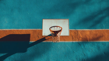 A top-down view of a colorful basketball hoop and backboard on an urban court, showcasing vivid colors and shadows. Perfect for sports enthusiasts and urban lifestyle themes.の素材
