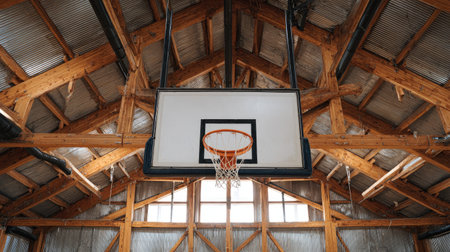 Explore the charm of a rustic indoor basketball court featuring wooden beams and bright natural light. A perfect setting for sports, exercise, and recreation.の素材