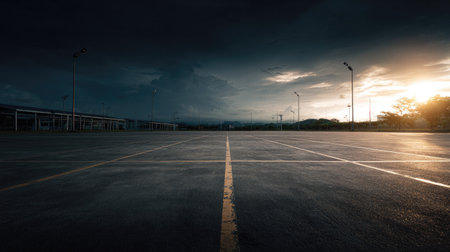A tranquil scene featuring an empty parking lot under a dramatic sky filled with storm clouds, illuminated by a vibrant sunset and soft street lamp glow.の素材