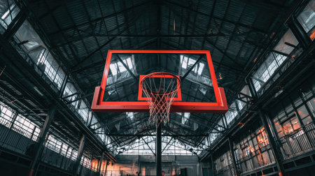 Captivating image of a basketball hoop showcased under a striking industrial ceiling, highlighting the combination of sport and urban design in a vibrant atmosphere.の素材