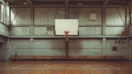 An empty indoor basketball court showcases a spacious gymnasium with a polished wooden floor, realistic lighting, and a backboard, ideal for various sports activities.の素材
