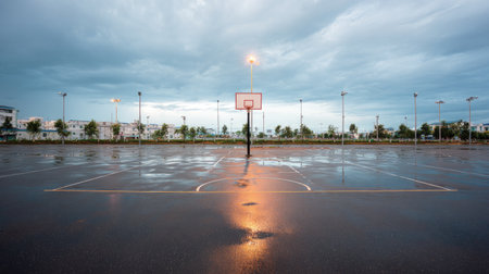 An empty basketball court under a dramatic, cloudy sky. Puddles reflect urban surroundings, creating a calm atmosphere at dusk after rain. Perfect for sports themes.の素材