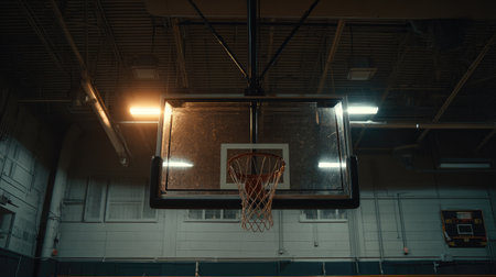 This image features a basketball hoop and backboard in an indoor gym setting, illuminated by dramatic lighting, creating an energetic and competitive atmosphere.の素材