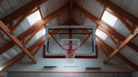 An indoor basketball court featuring a striking wooden beam structure with skylights, creating a spacious and inviting atmosphere for sports activities.の素材