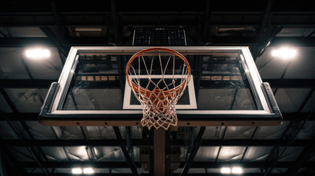 Dynamic close-up of a basketball hoop, showcasing the net and rim in a modern indoor court. Ideal for projects focused on sports, teamwork, and athleticism.の素材