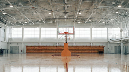 A bright and spacious basketball court features a clear view of the court and large windows. Ideal for sports activities, training sessions, and community events.の素材