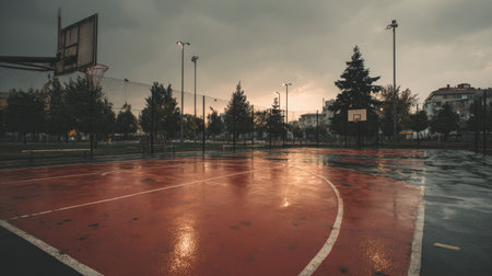 A moody basketball court scene after a rainstorm, showcasing vibrant colors reflected on the wet surface under a dramatic sky, perfect for capturing solitude in sports.の素材