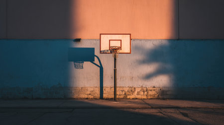 This image captures a basketball court at sunset, featuring a single hoop against a colorful wall. The shadows enhance the serene yet dynamic ambiance of the scene.の素材