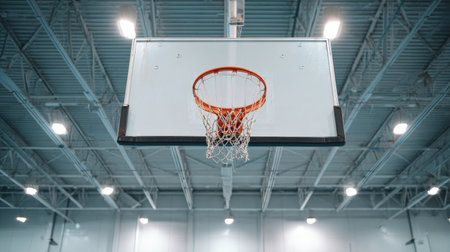 A basketball hoop displayed against a blue ceiling in a spacious indoor gym. This image captures the essence of sports, fitness, and community engagement in a modern setting.の素材