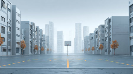 A tranquil urban basketball court, surrounded by sleek buildings and autumn trees, creates a unique atmosphere for sports and leisure activities in the city.の素材