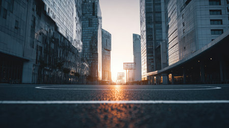 Stunning urban image capturing a sunset over skyscrapers with an empty street below, showcasing the beauty of modern architecture and serene city life.の素材