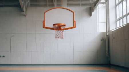 This image features an empty basketball court, showcasing a hoop with an orange rim and a minimalist design, ideal for sports-themed projects and training materials.の素材