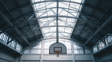 A striking high-angle view of a modern indoor basketball court showcasing a bright skylight and steel framework, perfect for sports-themed projects and fitness visuals.の素材