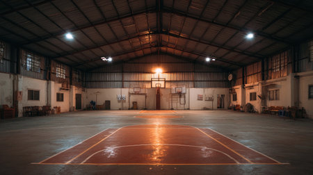 An empty indoor basketball court exudes a sense of tranquility and potential, showcasing a spacious area conducive for various sports and fitness activities.の素材