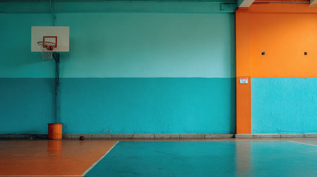 A striking indoor basketball court featuring bold turquoise and orange walls, showcasing a minimalistic aesthetic ideal for various sports-related creative projects and backgrounds.の素材