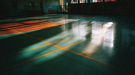 An empty basketball court with vivid reflections and dynamic shadows created by sunlight streaming through windows, showcasing the tranquil atmosphere of a sports hall.の素材