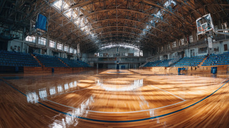 A stunning indoor basketball gymnasium showcasing bright sunlight filtering through large windows, highlighting the polished wooden floor and unique architectural features.の素材