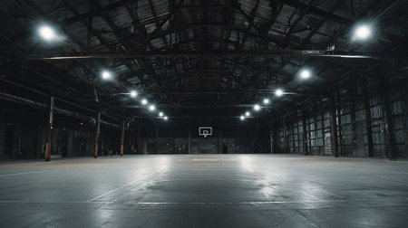 An expansive indoor basketball court located within an abandoned warehouse, illuminated by bright overhead lights, showcasing an industrial atmosphere and empty space.の素材