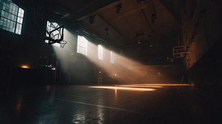 An atmospheric image featuring an empty basketball court illuminated by dramatic light beams. The composition captures the serenity and nostalgia of an abandoned sports hall.の素材
