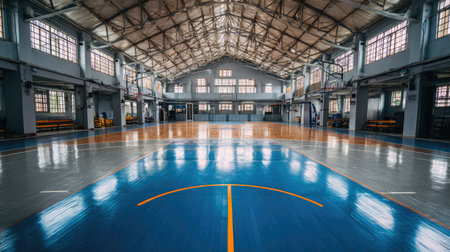 A spacious indoor basketball court featuring high ceilings and ample natural light, ideal for sports events, training, and community activities in an urban setting.の素材