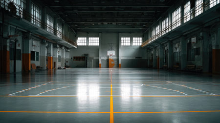 A vast indoor basketball court features shiny flooring, clear hoops, and ample natural light, making it an ideal setting for sports activities or training programs.の素材