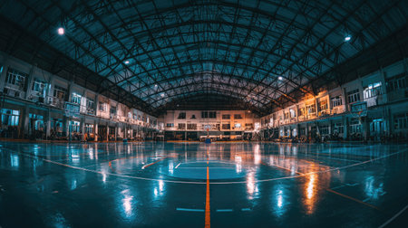 A spacious indoor basketball court featuring a high ceiling, polished floor, and bright lighting, perfect for capturing action-packed sports and recreational moments.の素材