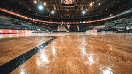 Captivating close-up view of a basketball court floor emphasizing line markings under bright arena lights, creating an exciting atmosphere before the game.の素材
