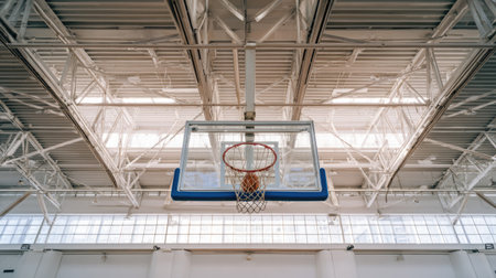 View of a basketball hoop from below, capturing the essence of an indoor sports gym, illuminated by sunlight for an inviting atmosphere for athletes.の素材