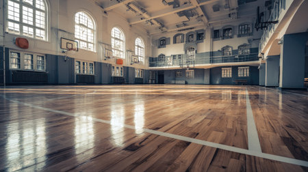 A serene view of an empty gymnasium featuring a polished hardwood basketball court. Large windows flood the area with natural light, highlighting its inviting atmosphere.の素材