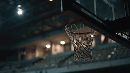 A captivating close-up of an empty basketball hoop inside a dimly lit sports arena. The shot emphasizes the architectural details and atmosphere, evoking anticipation.の素材