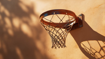 A vintage basketball hoop mounted on a textured wall casts soft shadows, evoking a sense of nostalgia and passion for outdoor sports and active lifestyle moments.の素材